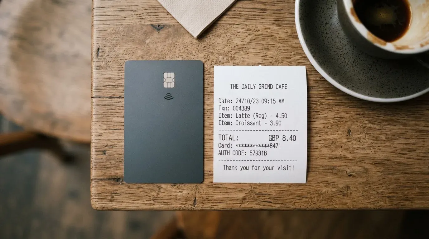 A receipt and a card on a café table
