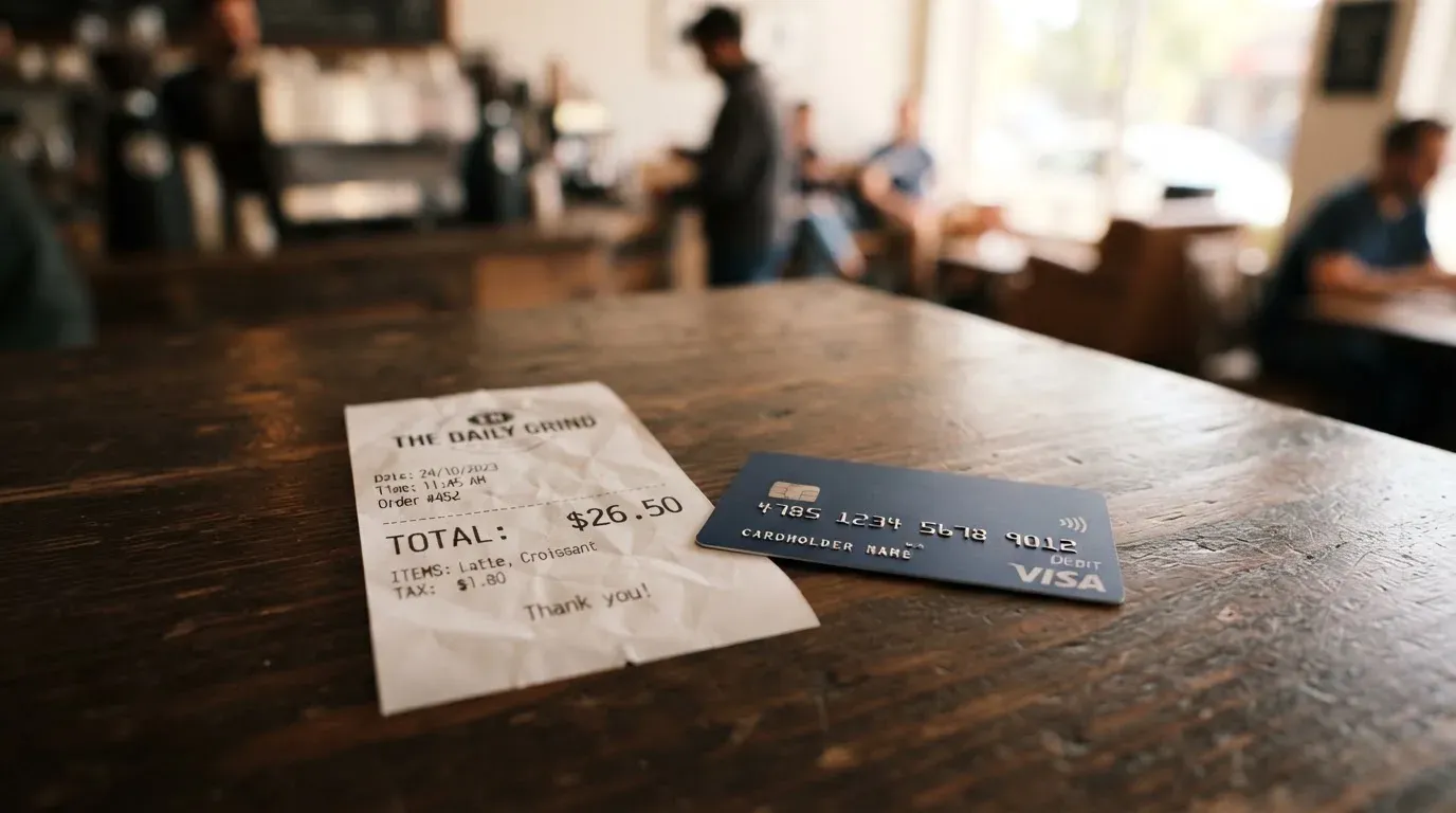 A receipt and a card on a café table