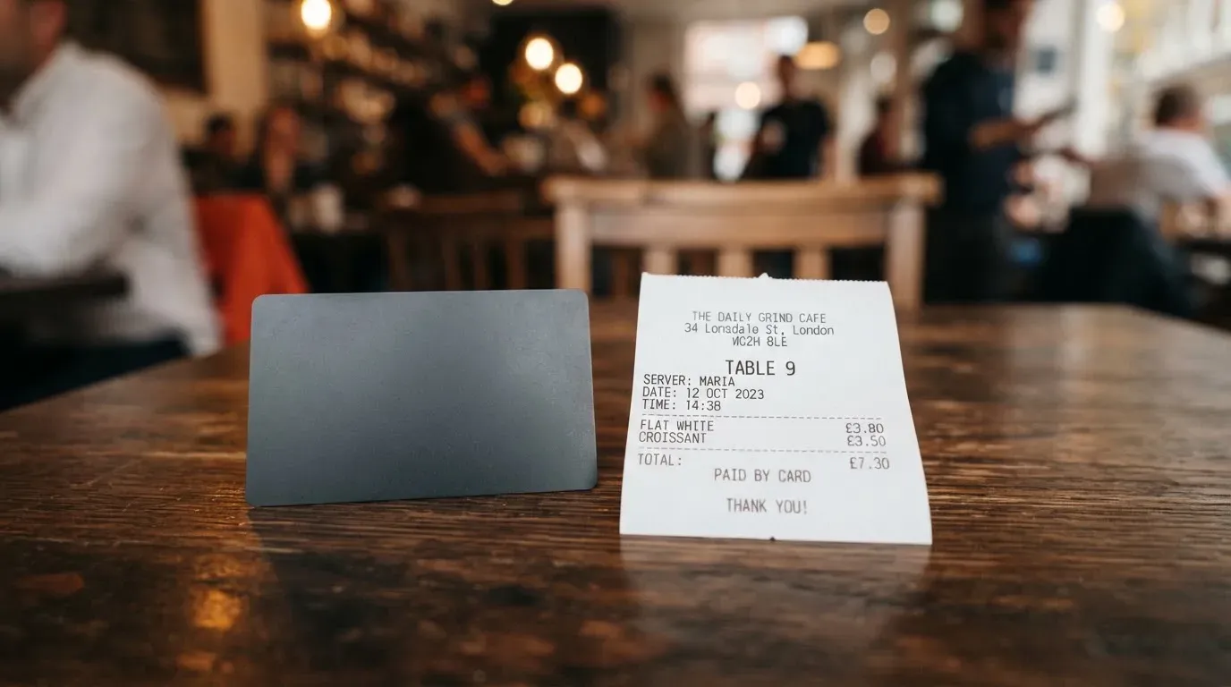 A receipt and a card on a café table