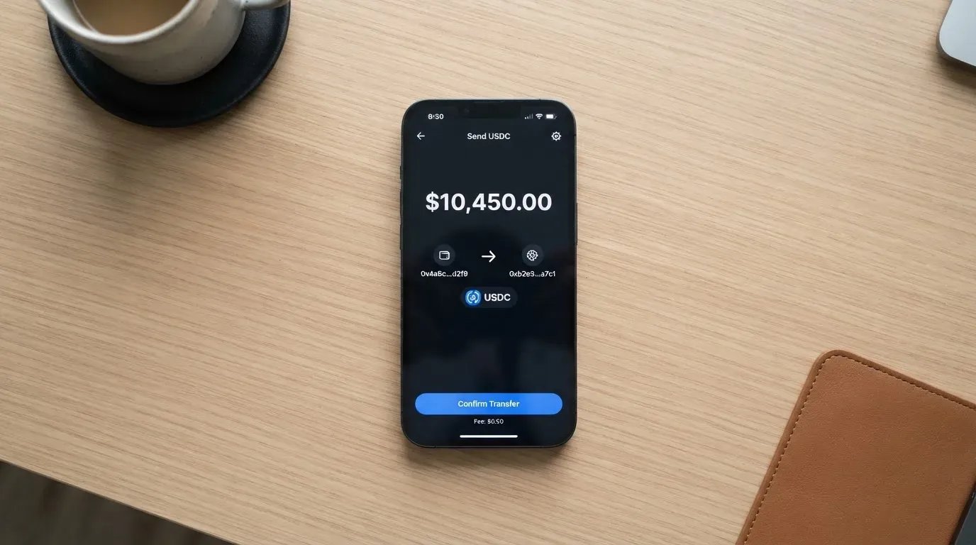 A phone showing a stablecoin transfer screen