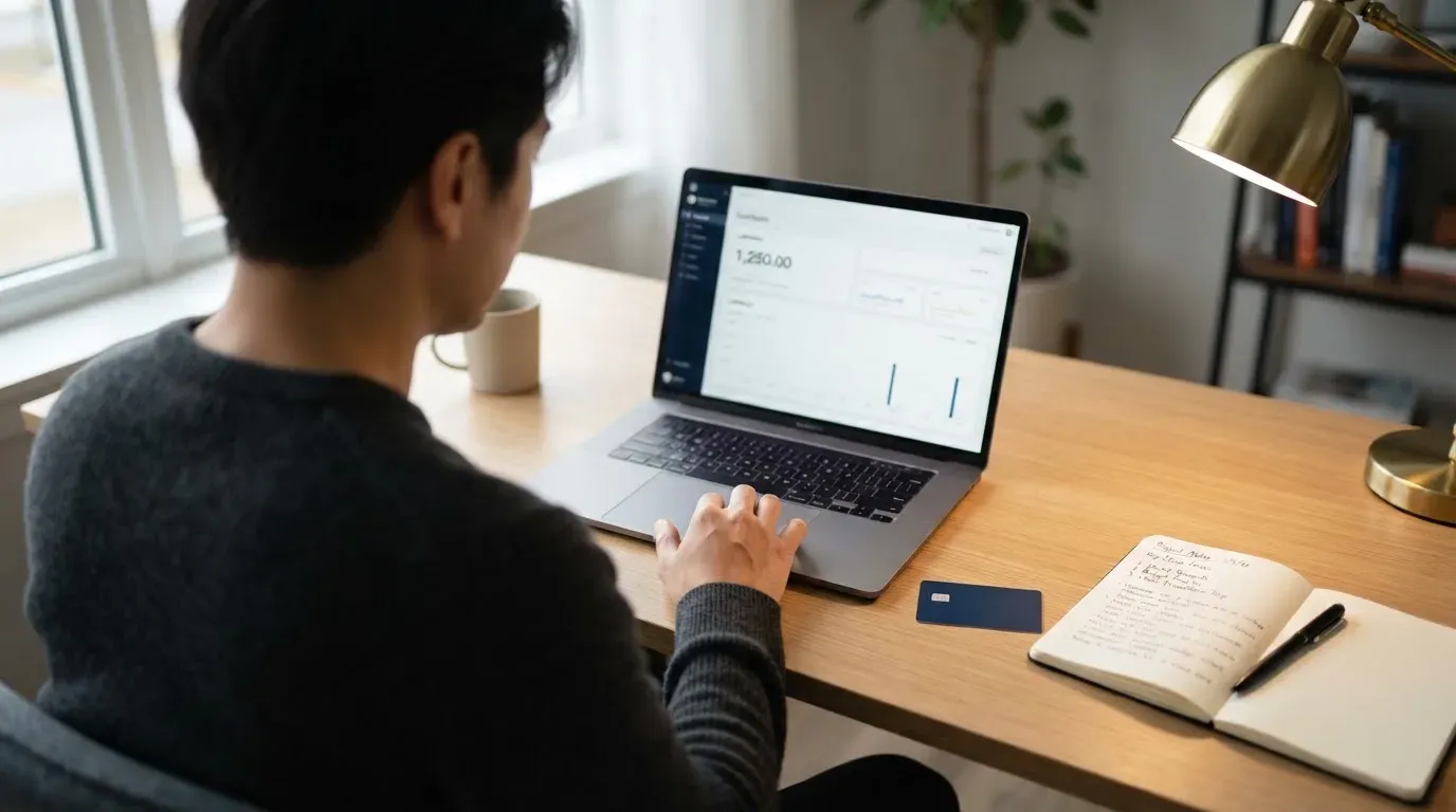A person comparing two payment cards at a desk with a laptop