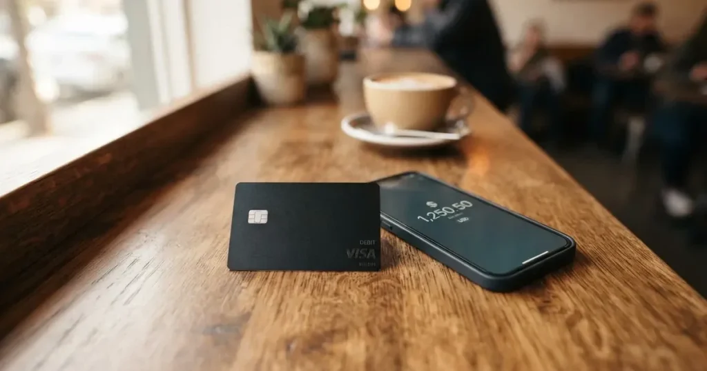 Several payment cards fanned out next to a phone with a crypto wallet app