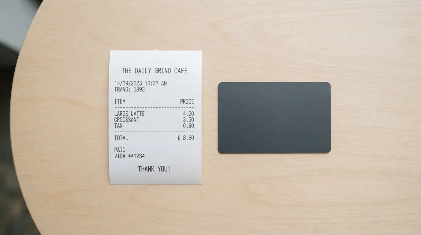 A receipt and a card on a café table