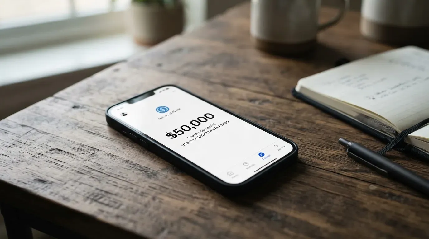 A phone showing a stablecoin transfer screen