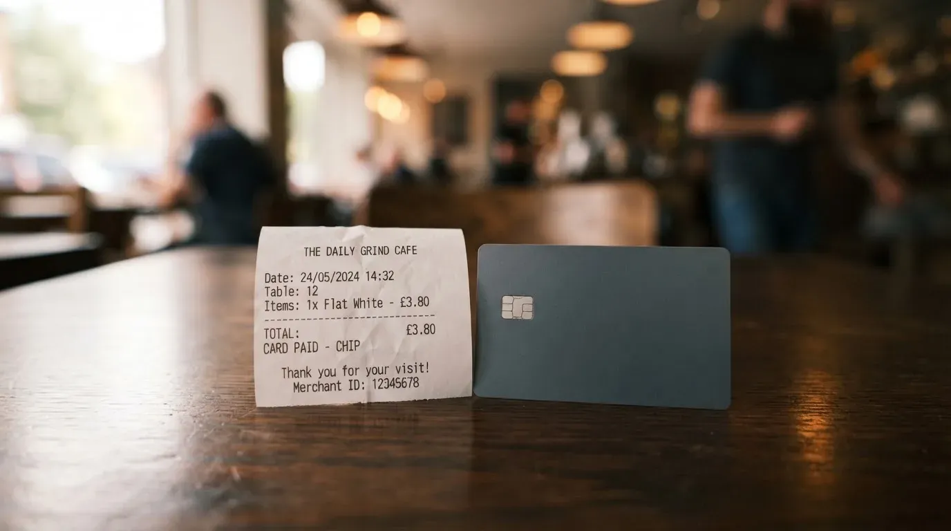 A receipt and a card on a café table