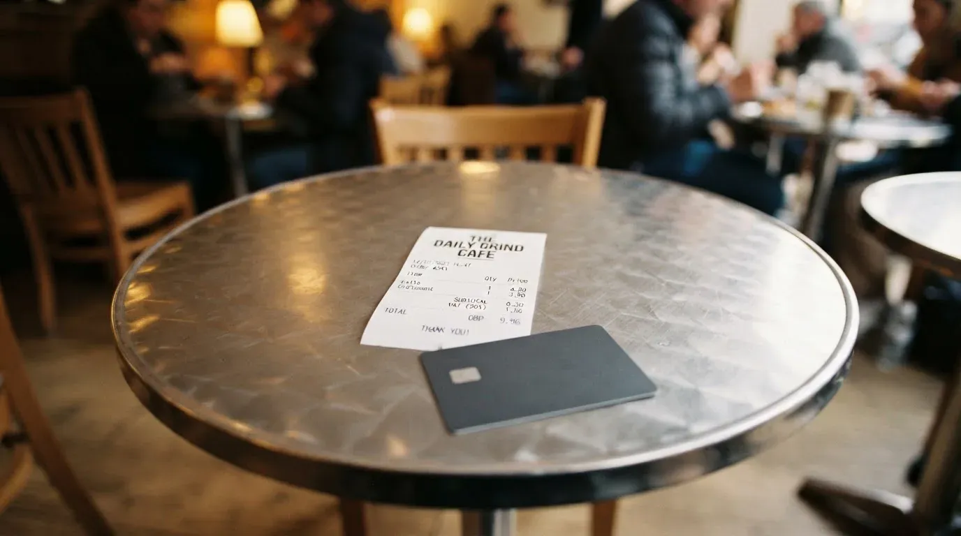 A receipt and a card on a café table