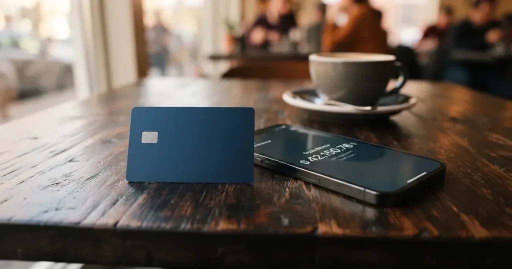 A payment card next to a phone with a crypto wallet app open