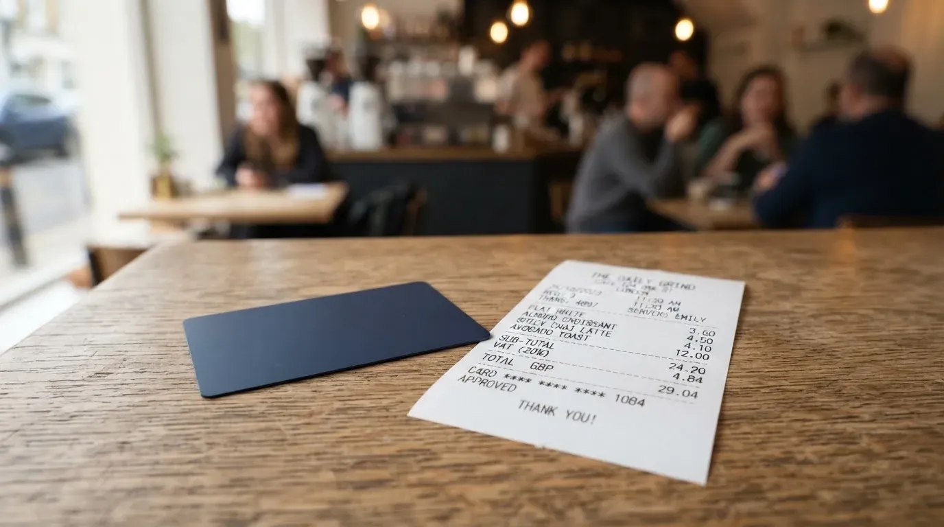 A receipt and a card on a café table