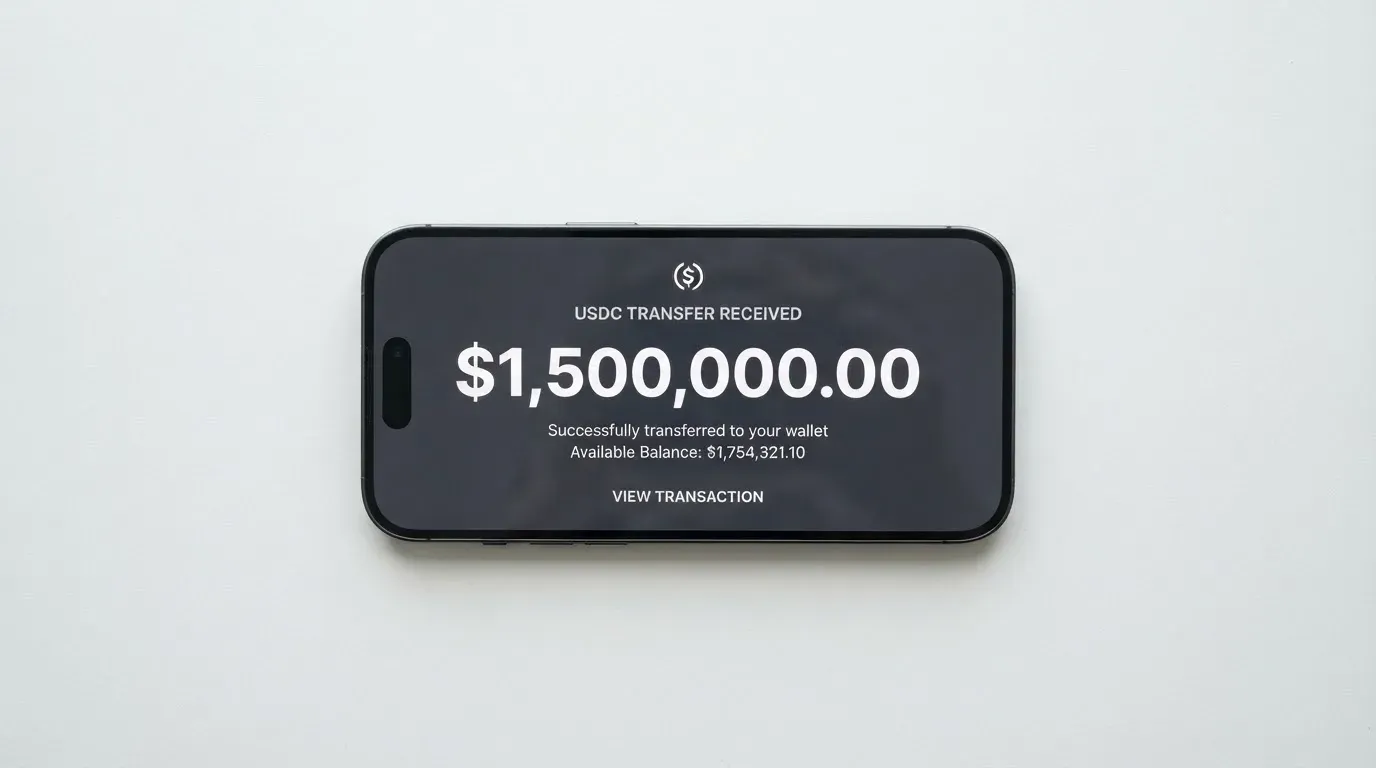 A phone showing a stablecoin transfer screen