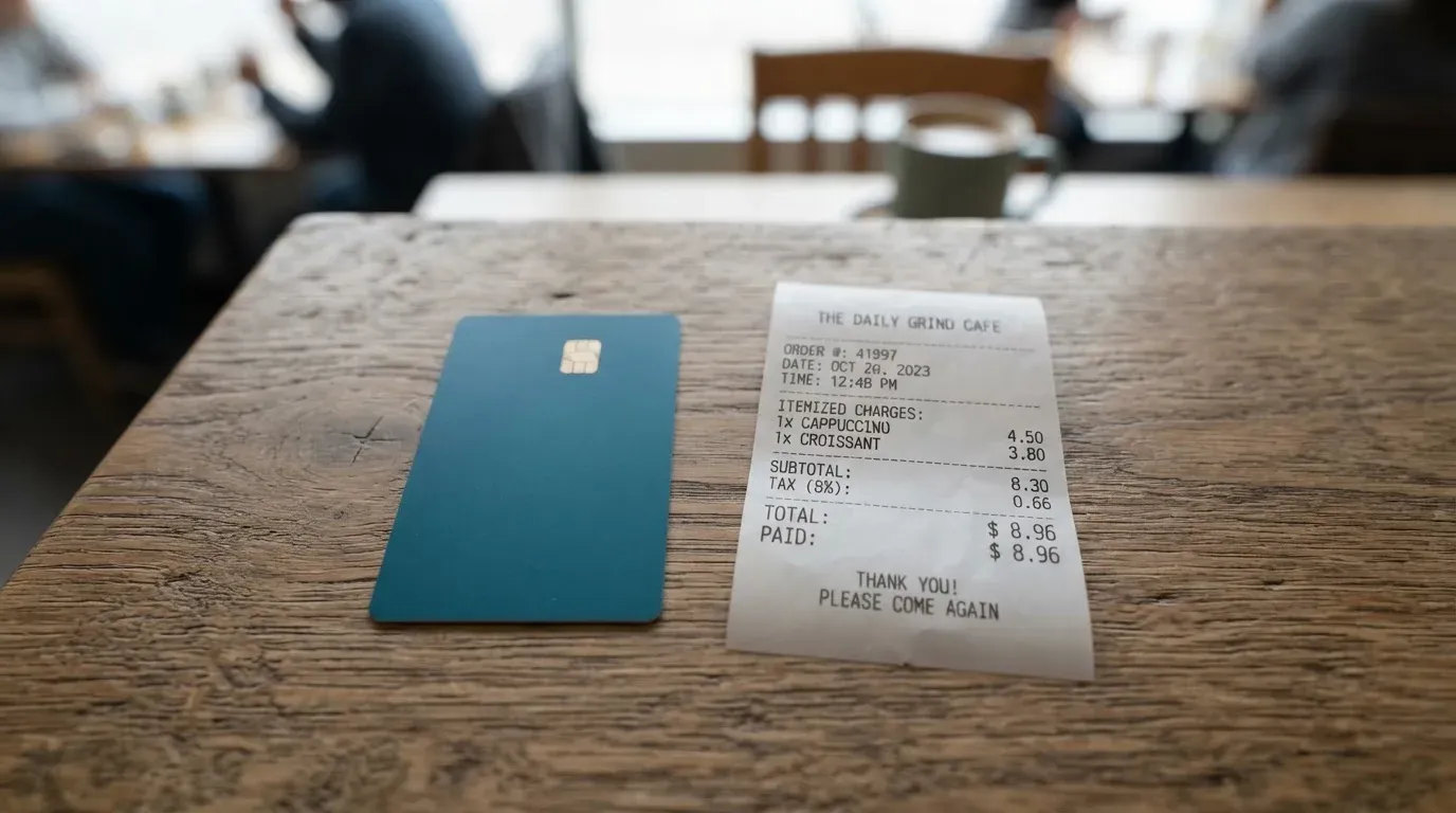 A receipt and a card on a café table