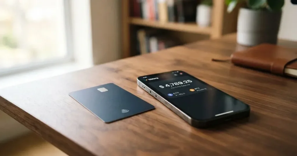 A payment card next to a phone with a crypto wallet app open