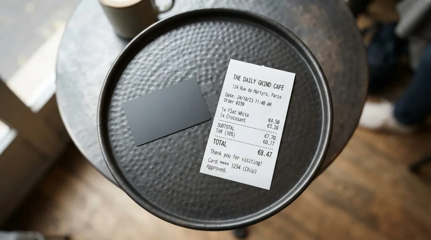 A receipt and a card on a café table