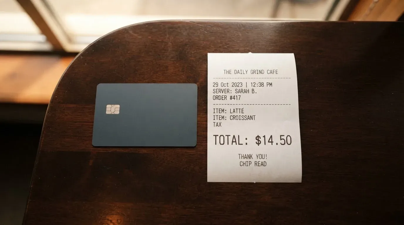 A receipt and a card on a café table