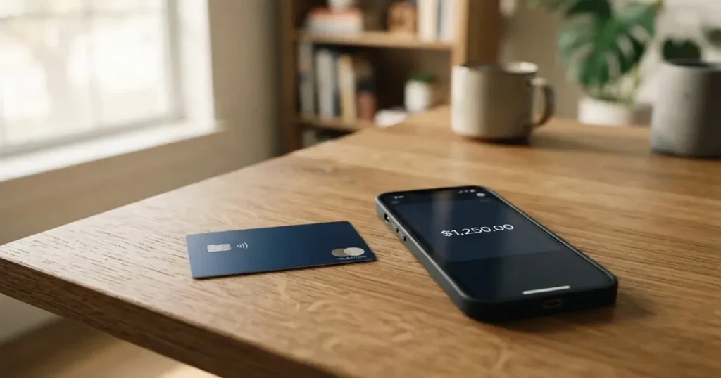 A payment card next to a phone with a crypto wallet app open