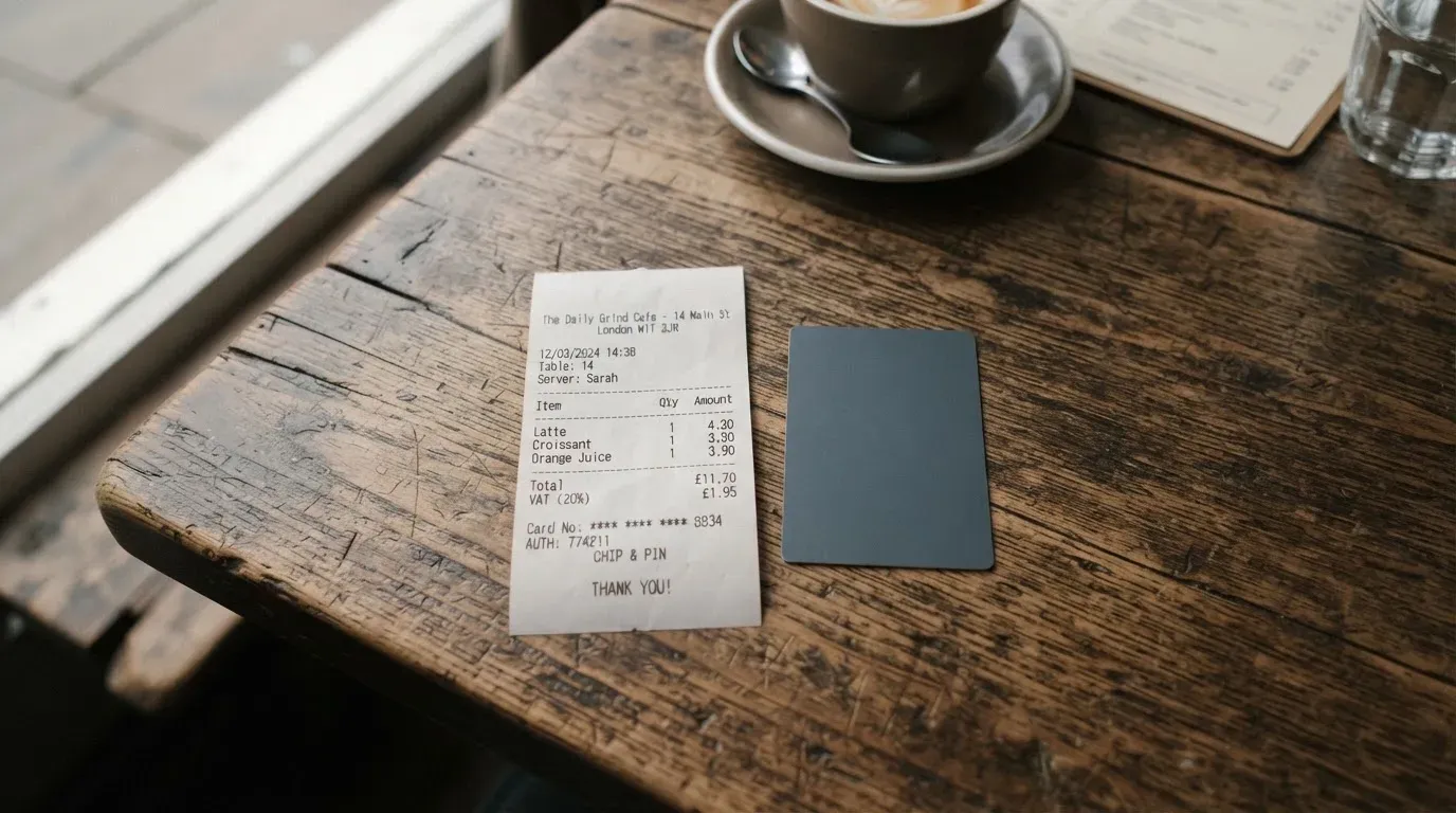A receipt and a card on a café table