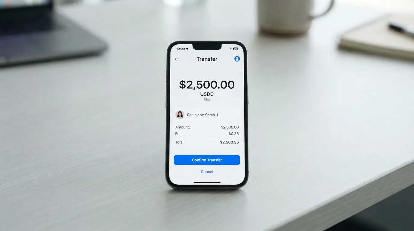 A phone showing a stablecoin transfer screen