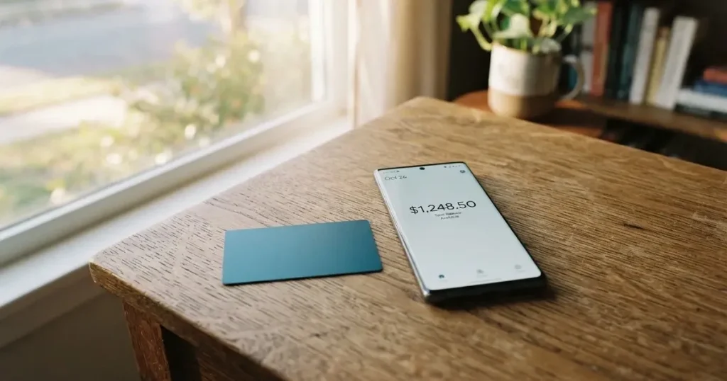A payment card next to a phone with a crypto wallet app open