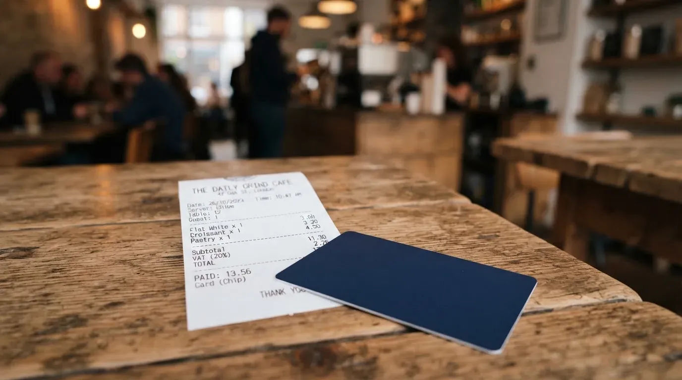 A receipt and a card on a café table