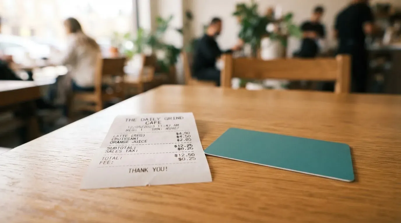 A receipt and a card on a café table