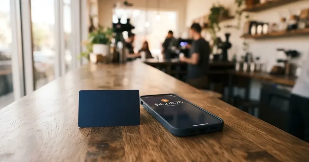 A payment card next to a phone with a crypto wallet app open