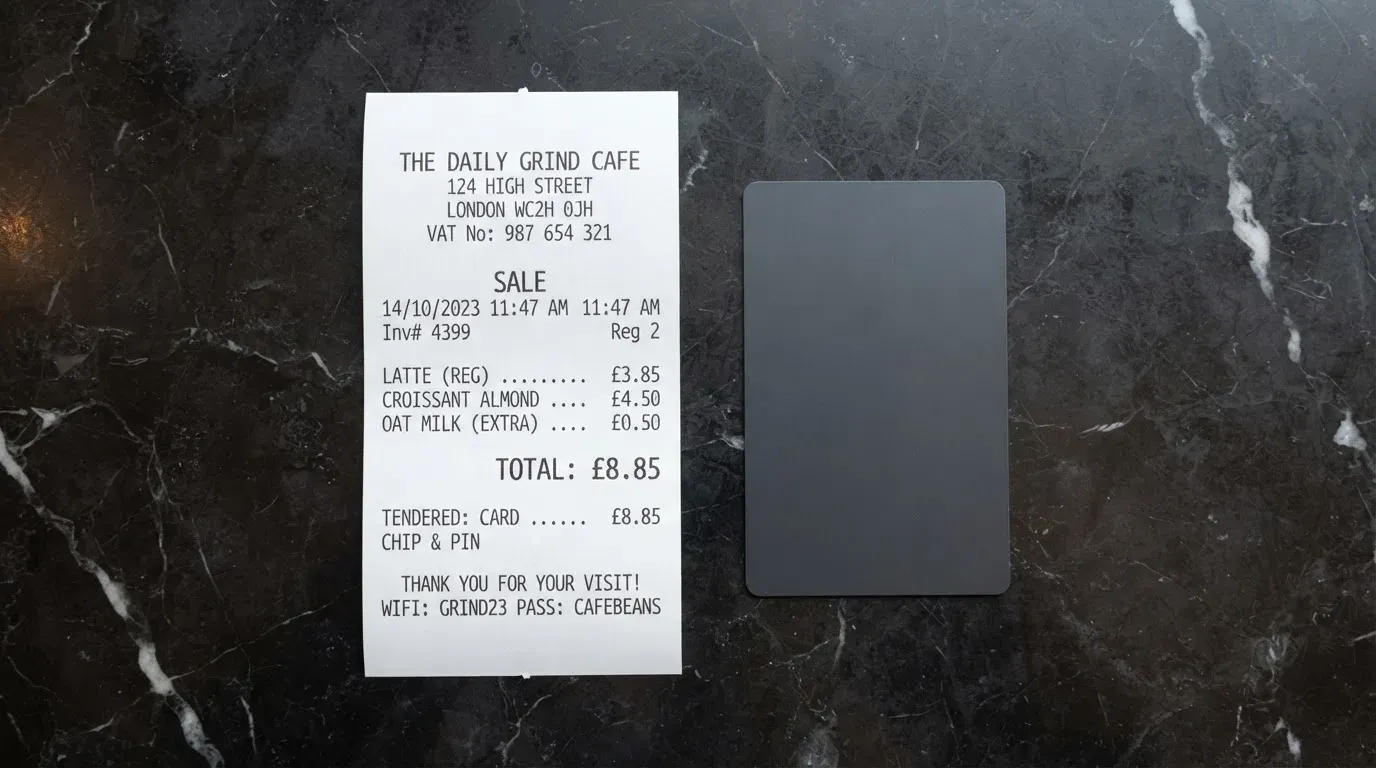 A receipt and a card on a café table