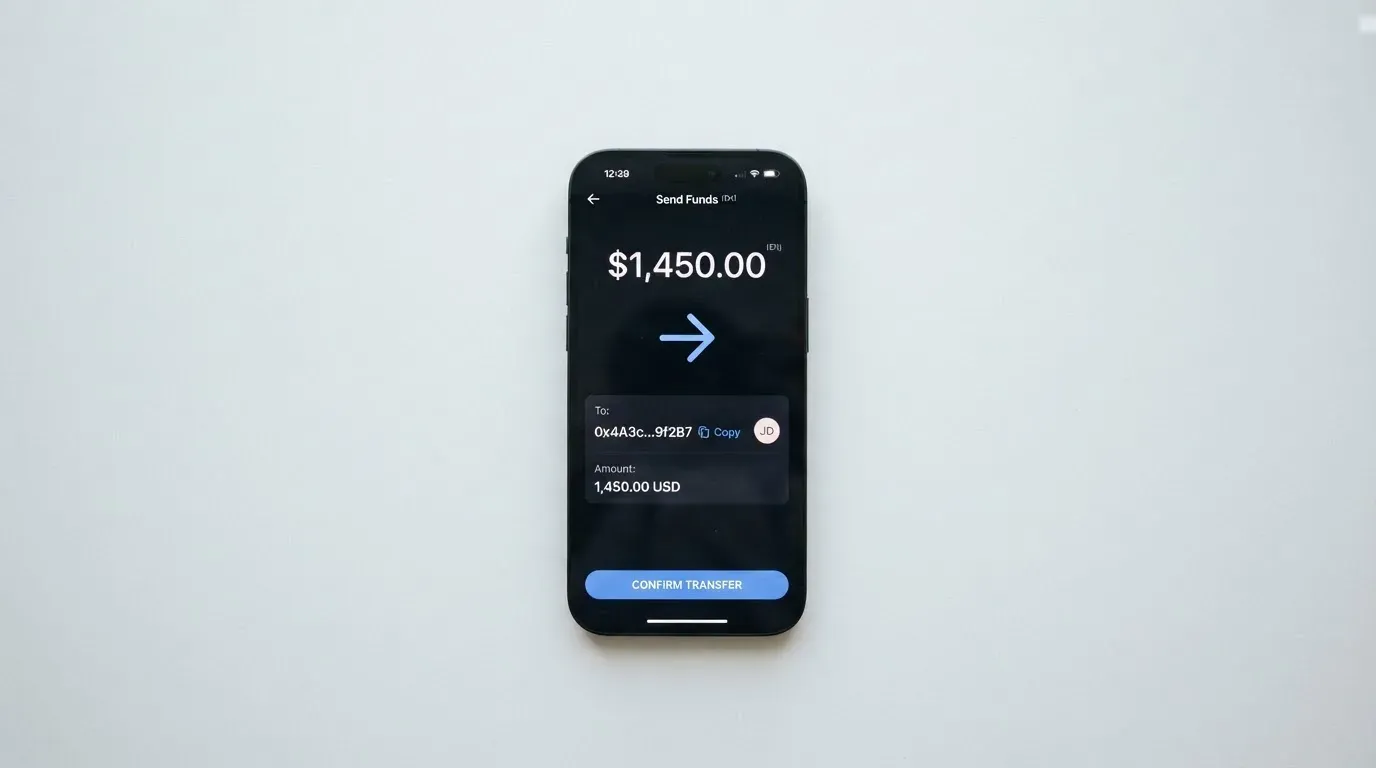 A phone showing a stablecoin transfer screen