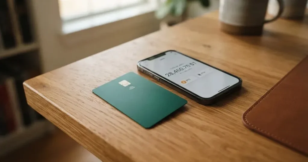 A payment card next to a phone with a crypto wallet app open