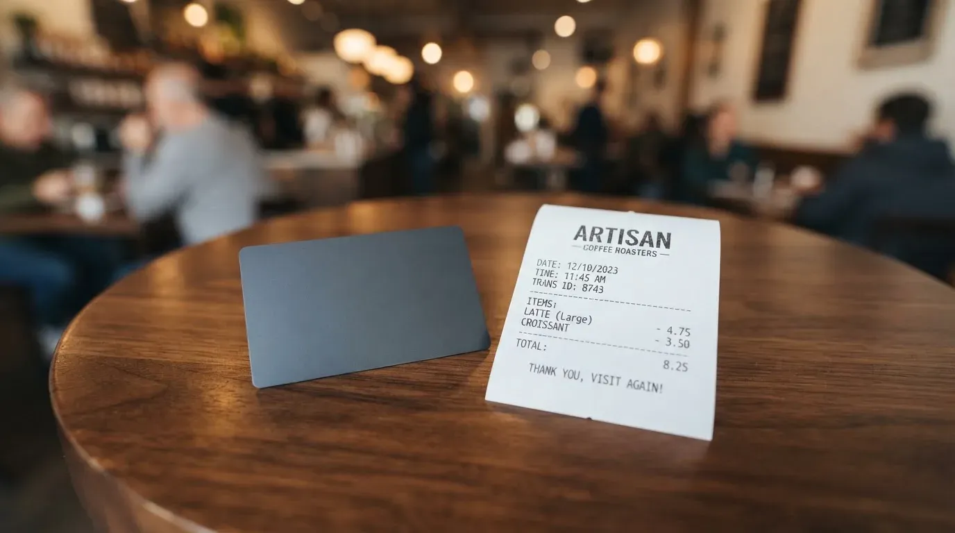 A receipt and a card on a café table