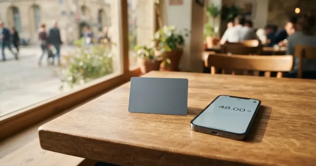 A payment card next to a phone with a crypto wallet app open