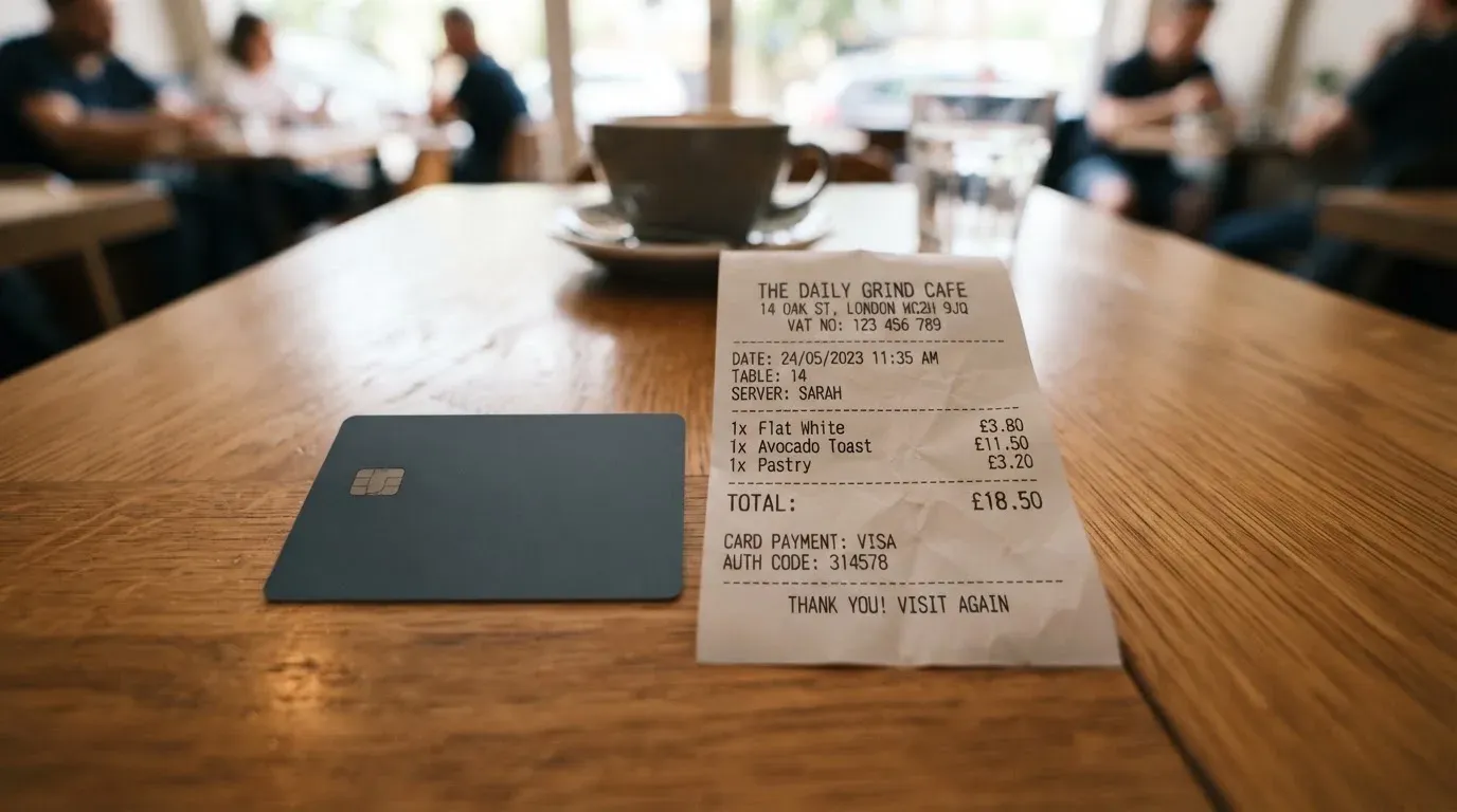 A receipt and a card on a café table