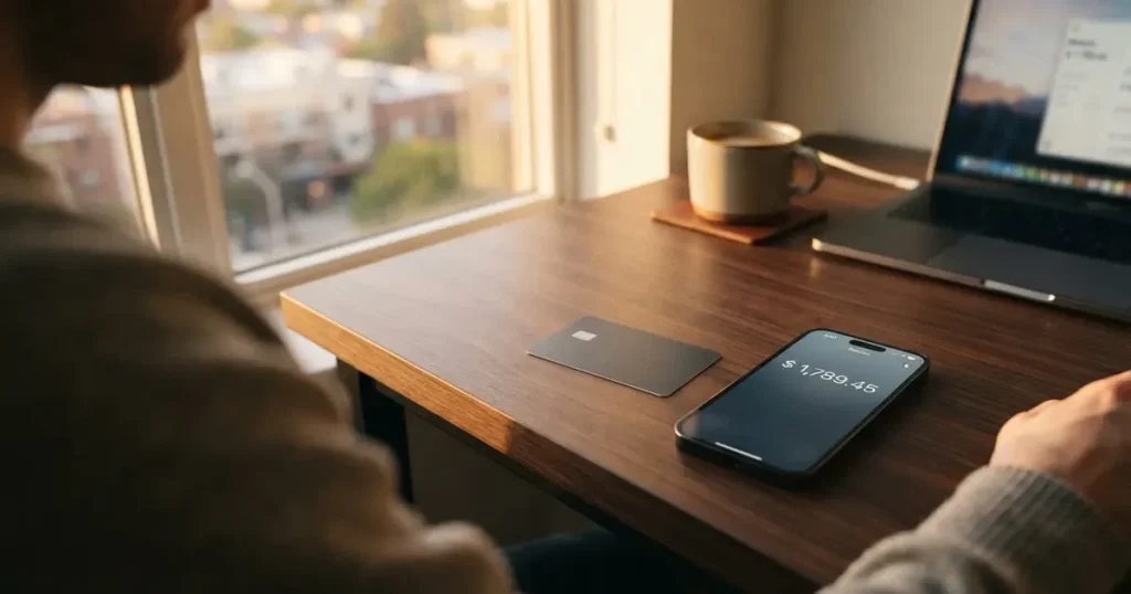 A payment card next to a phone with a crypto wallet app open