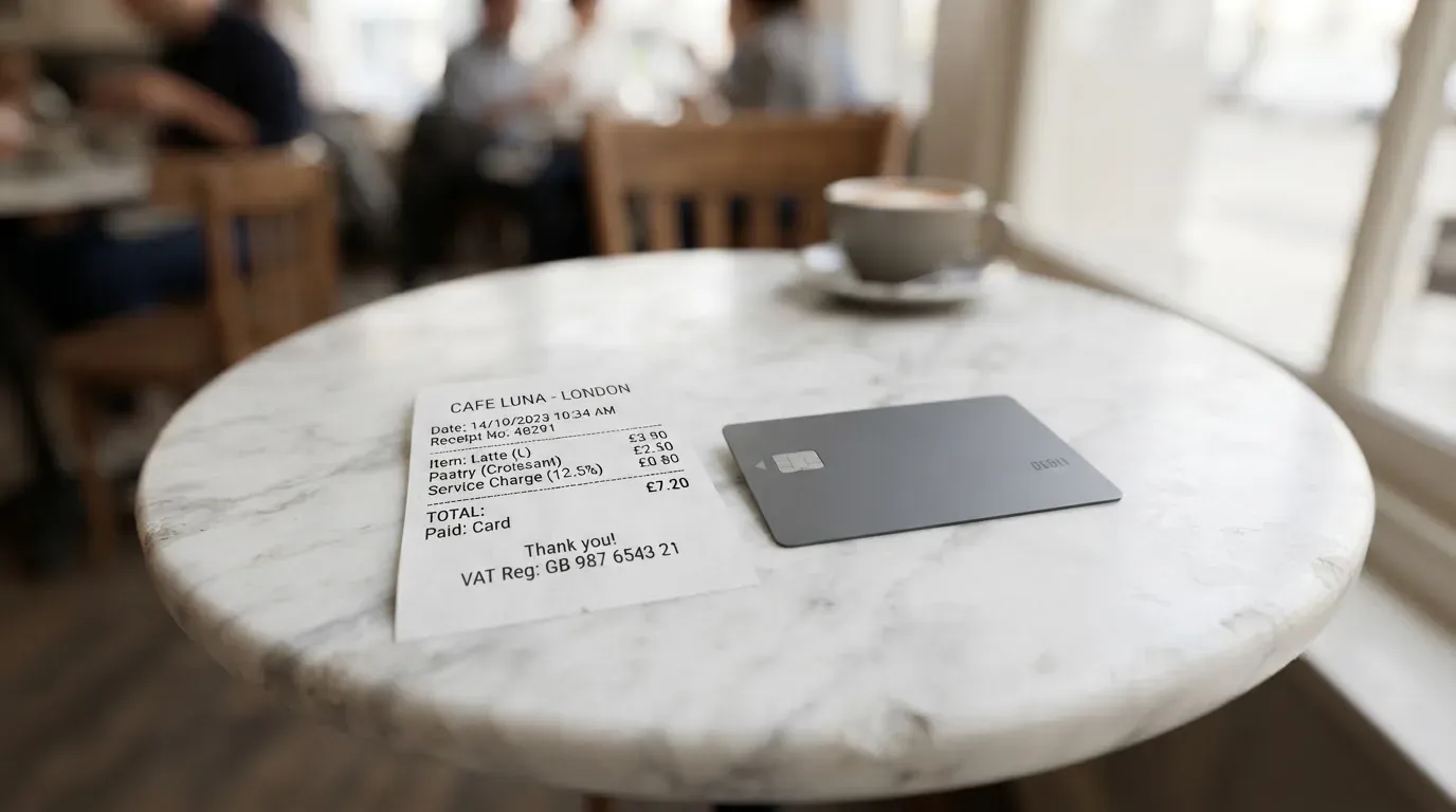 A receipt and a card on a café table
