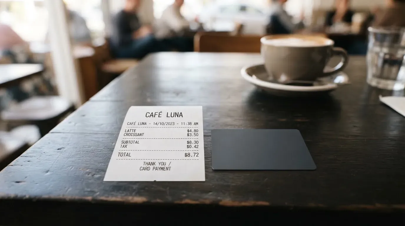A receipt and a card on a café table