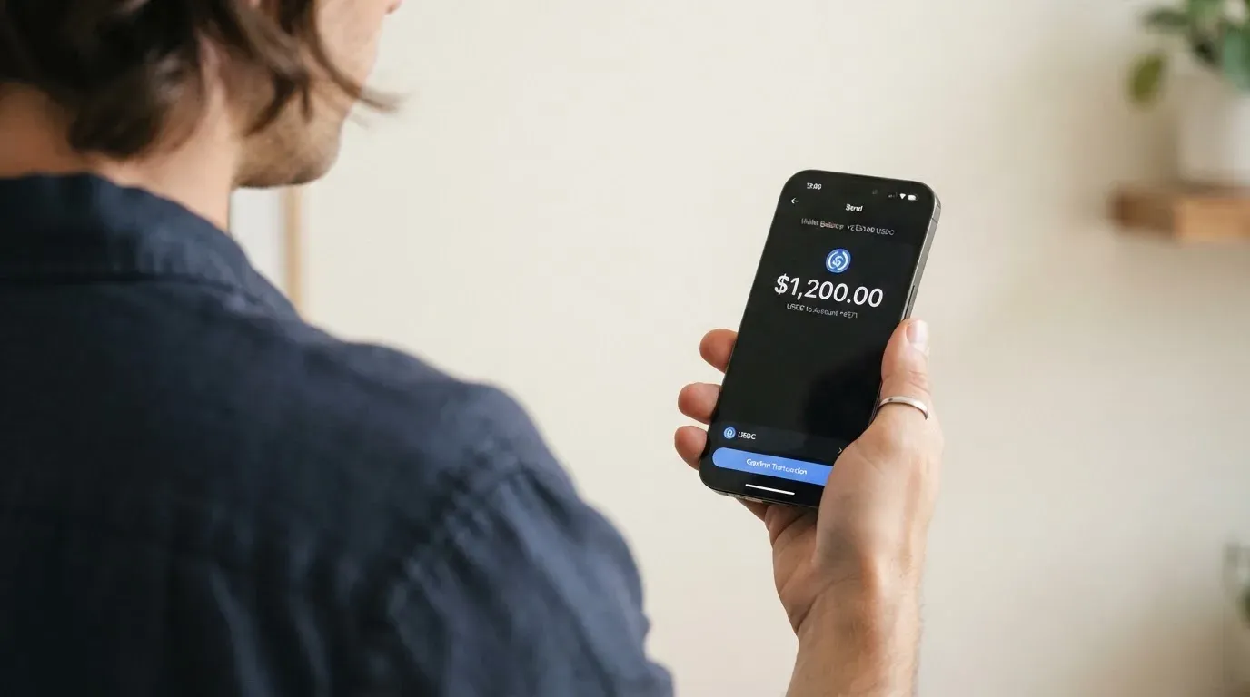 A phone showing a stablecoin transfer screen