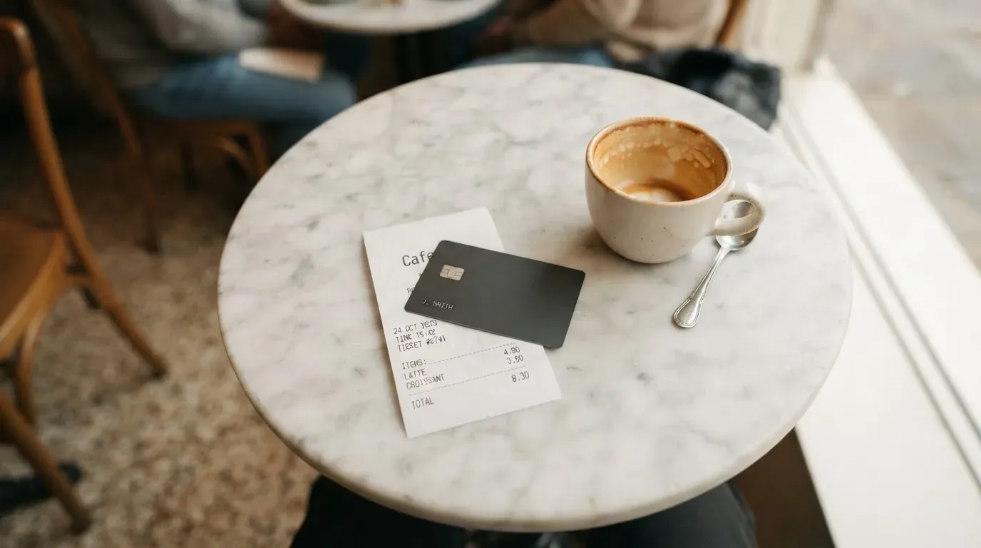 A receipt and a card on a café table