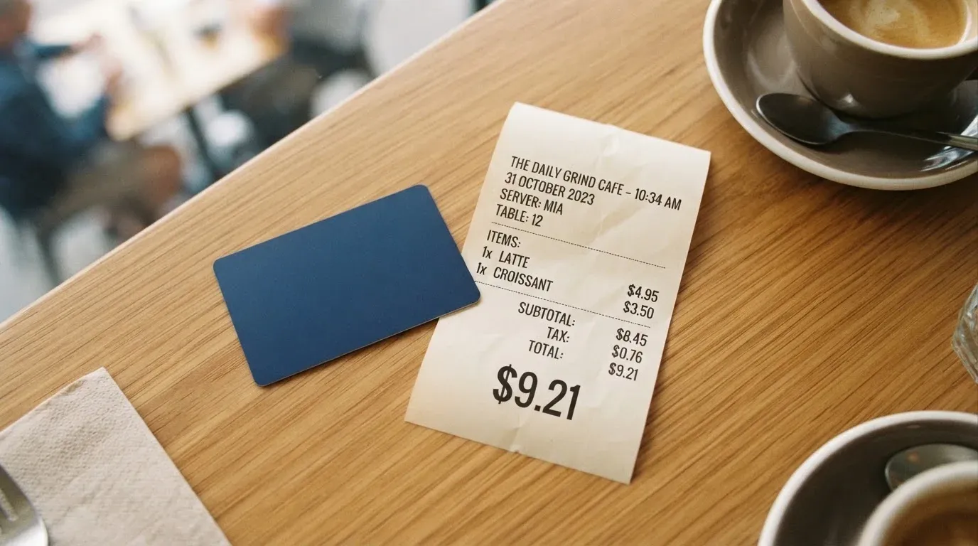 A receipt and a card on a café table