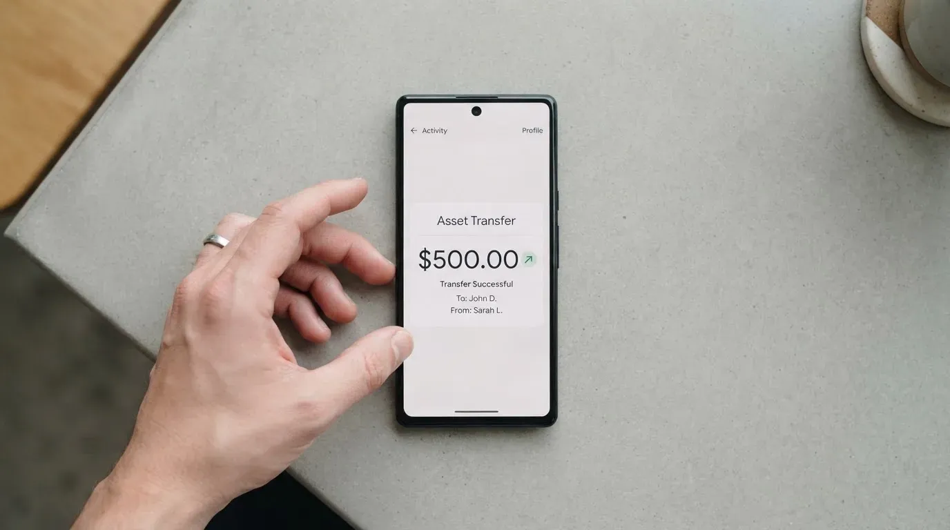 A phone showing a stablecoin transfer screen