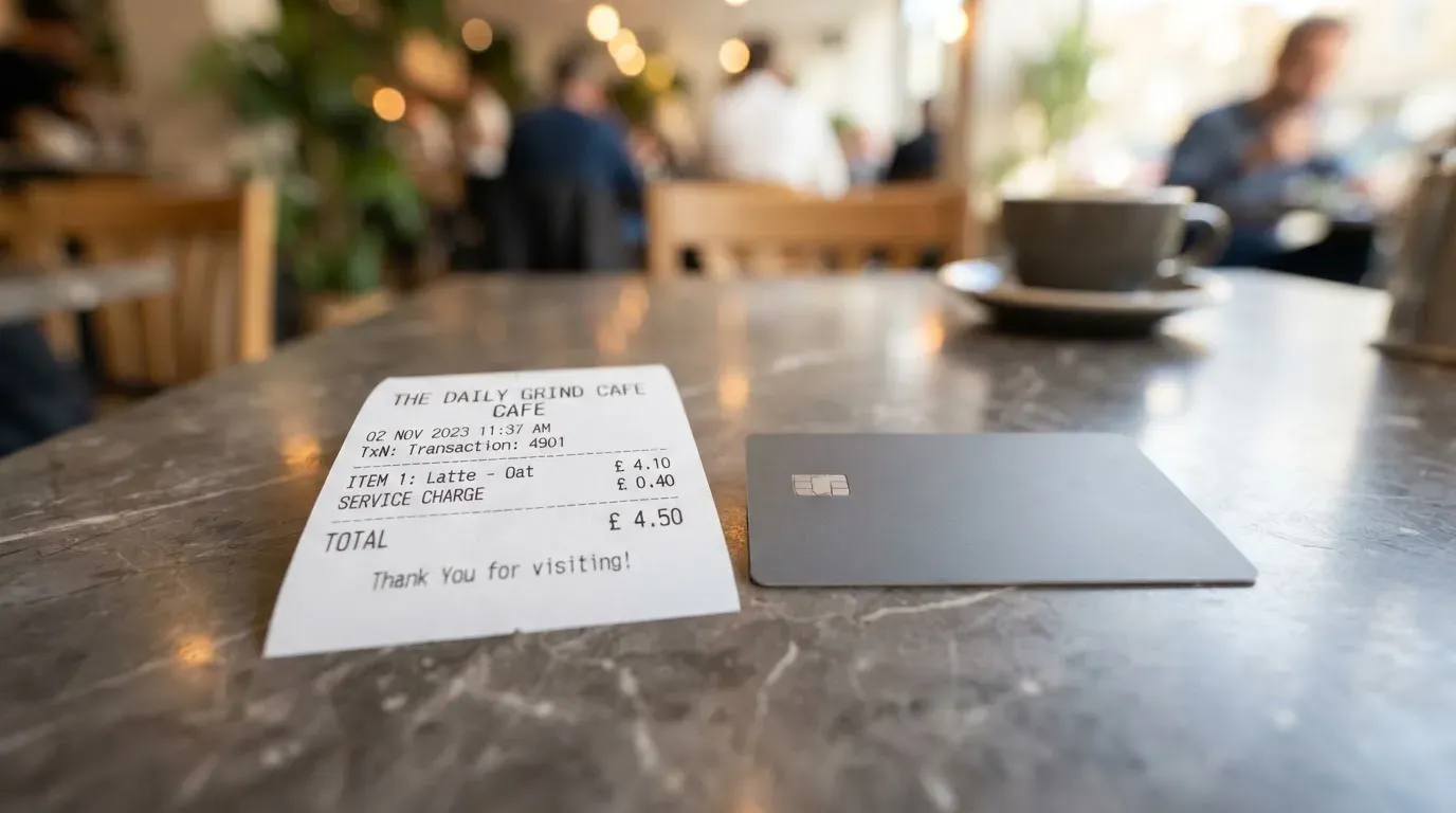 A receipt and a card on a café table