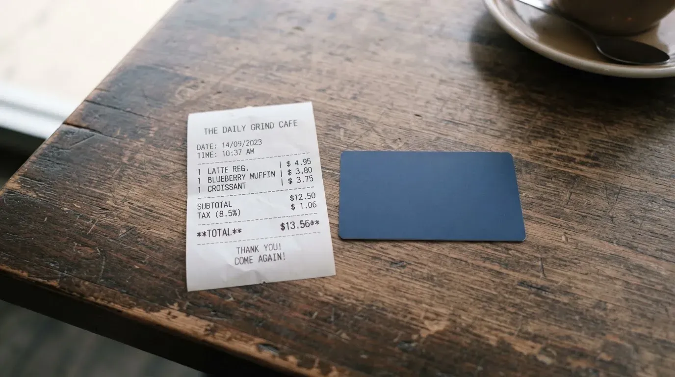 A receipt and a card on a café table