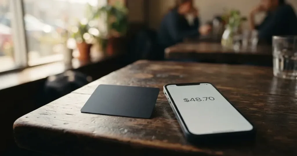 A payment card next to a phone with a crypto wallet app open