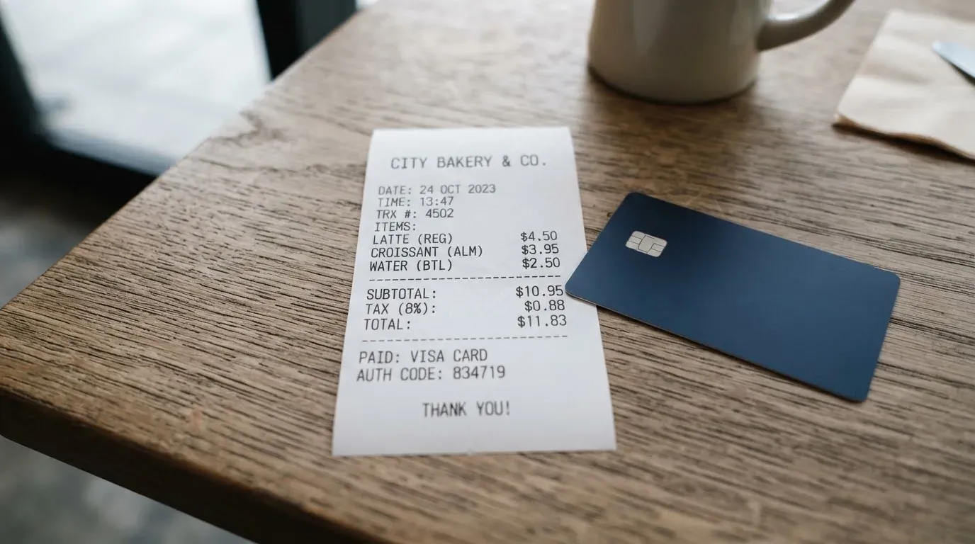 A receipt and a card on a café table