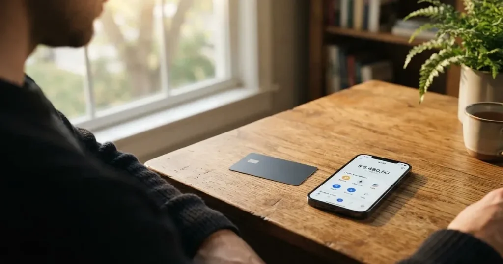 A payment card next to a phone with a crypto wallet app open