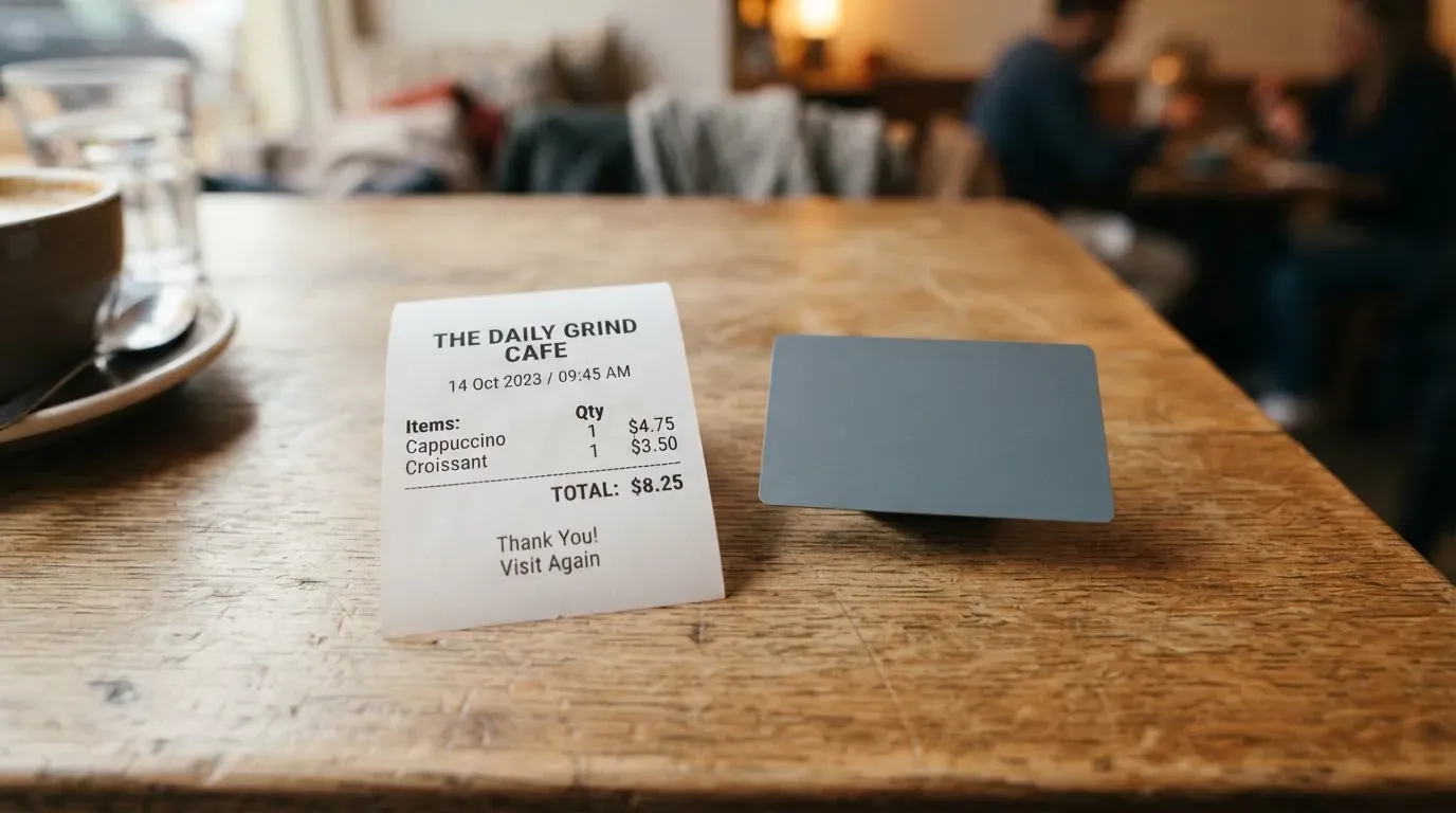 A receipt and a card on a café table