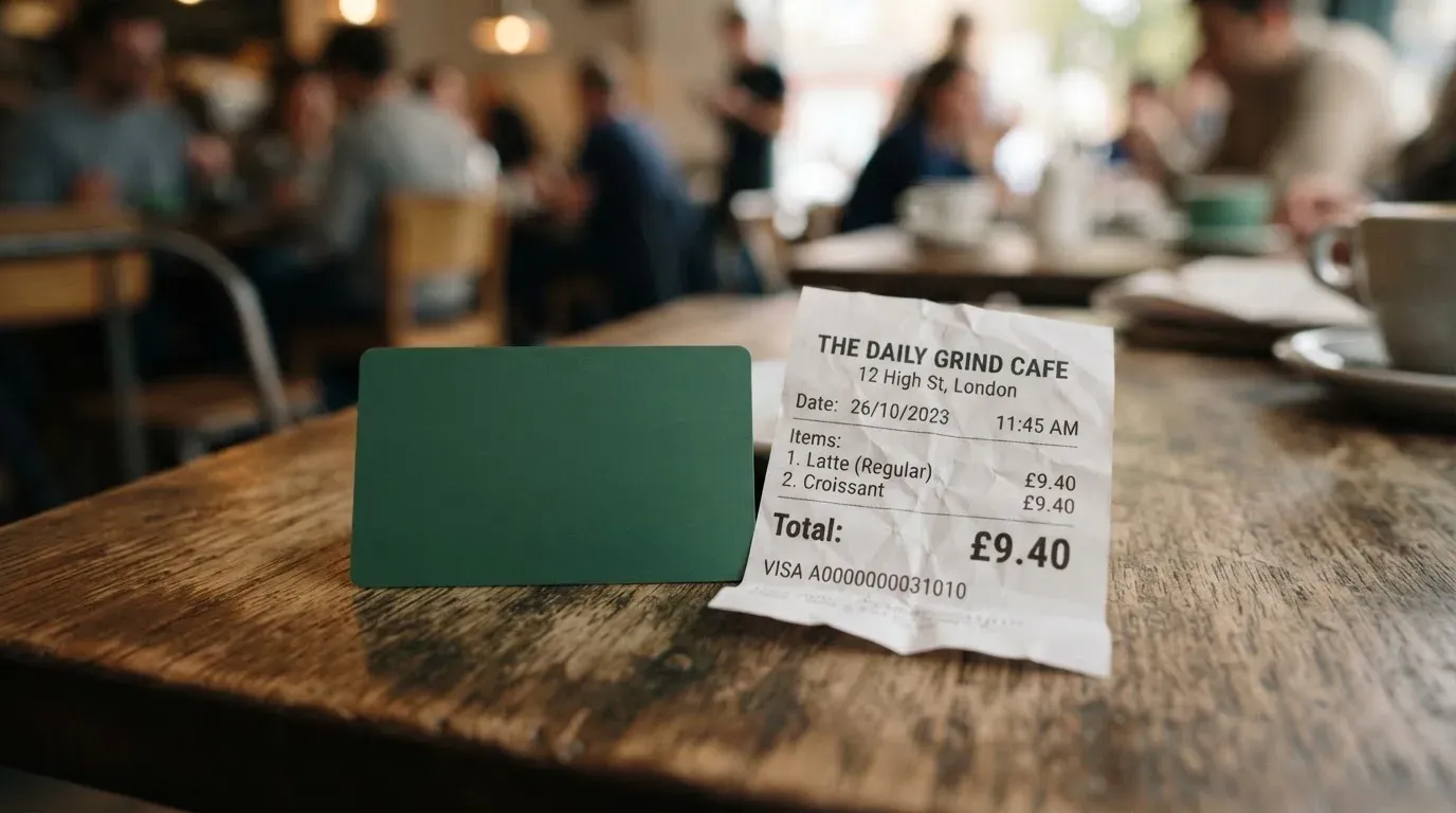 A receipt and a card on a café table
