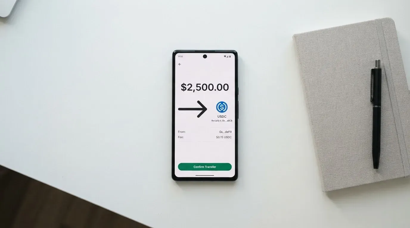 A phone showing a stablecoin transfer screen