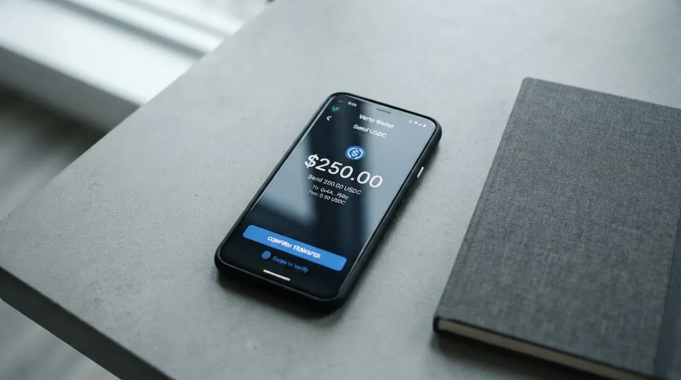 A phone showing a stablecoin transfer screen
