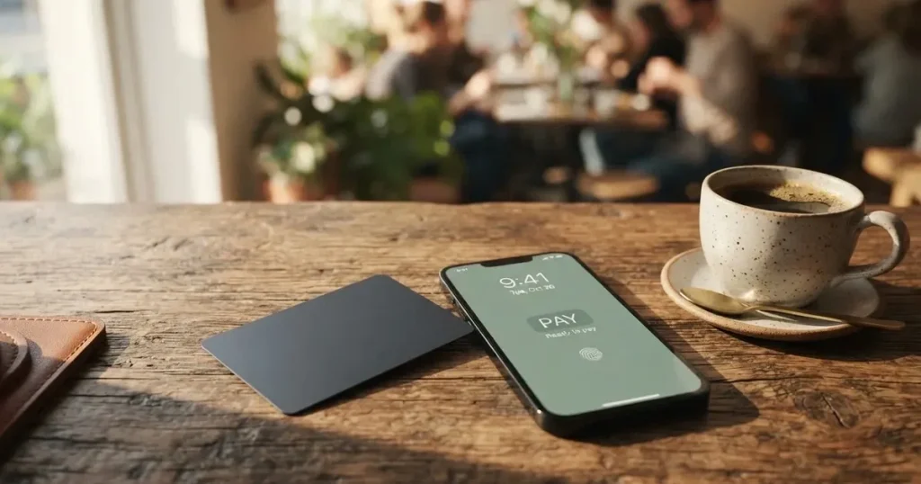 A payment card next to a phone with a crypto wallet app open