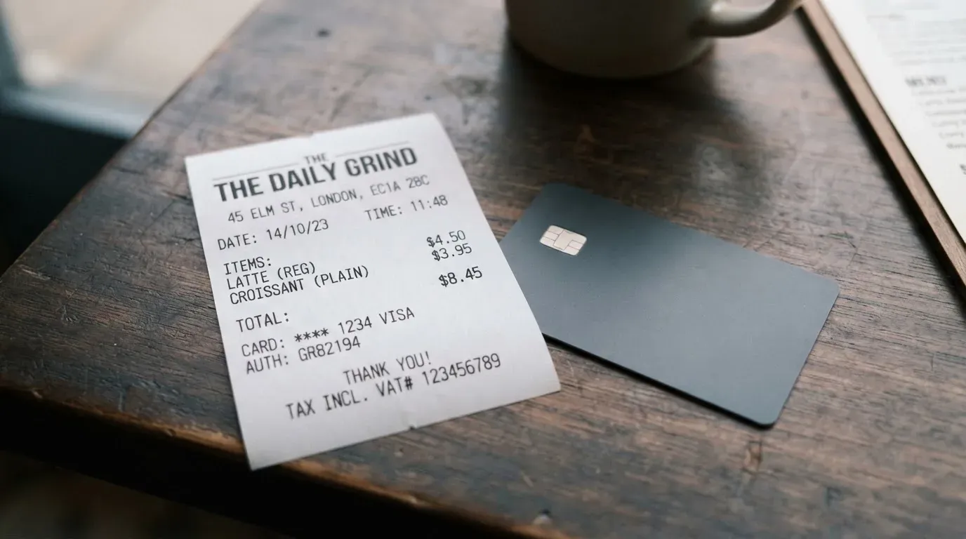 A receipt and a card on a café table