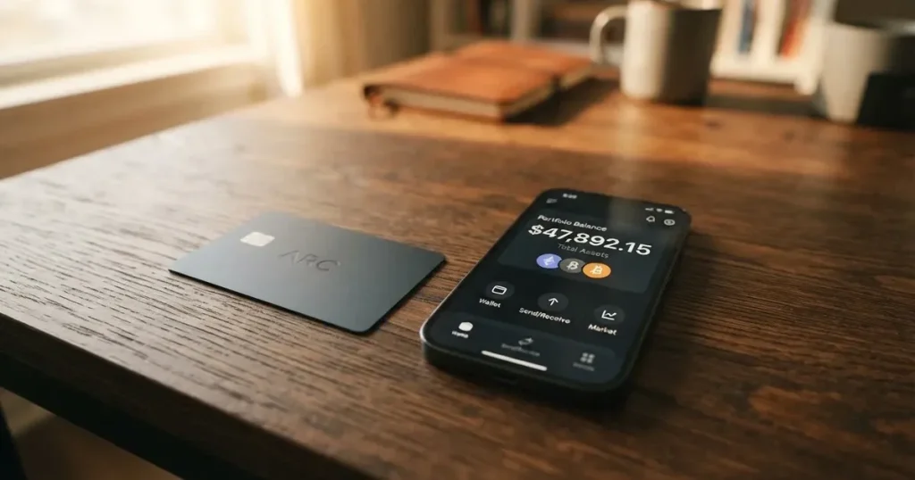 A payment card next to a phone with a crypto wallet app open