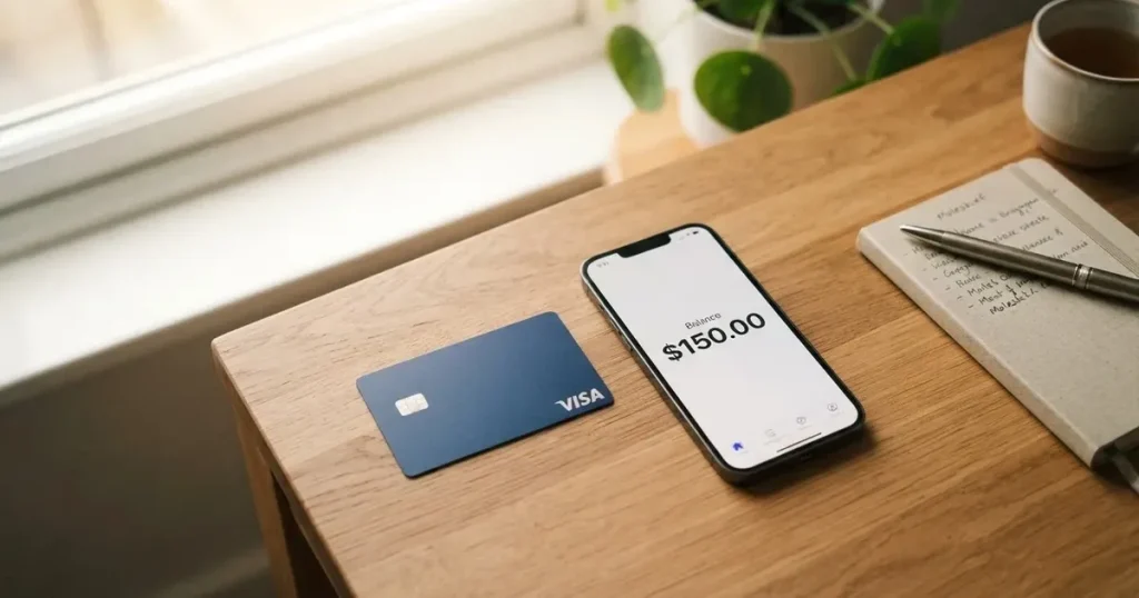 A payment card next to a phone with a crypto wallet app open